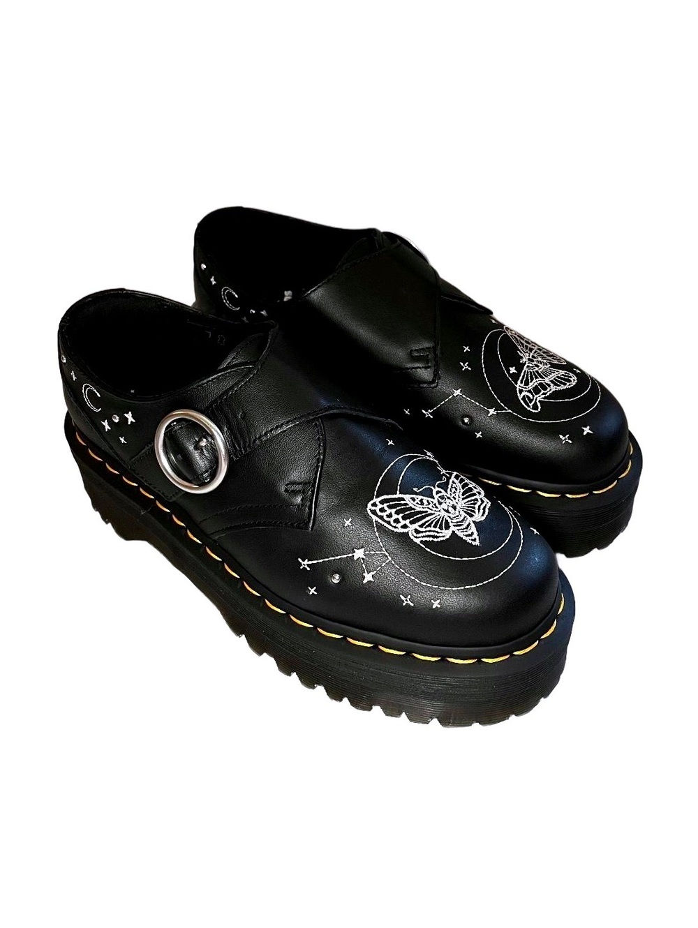 Dr. Martens Monk Celestial Moth Leather Platform Shoes Size 7